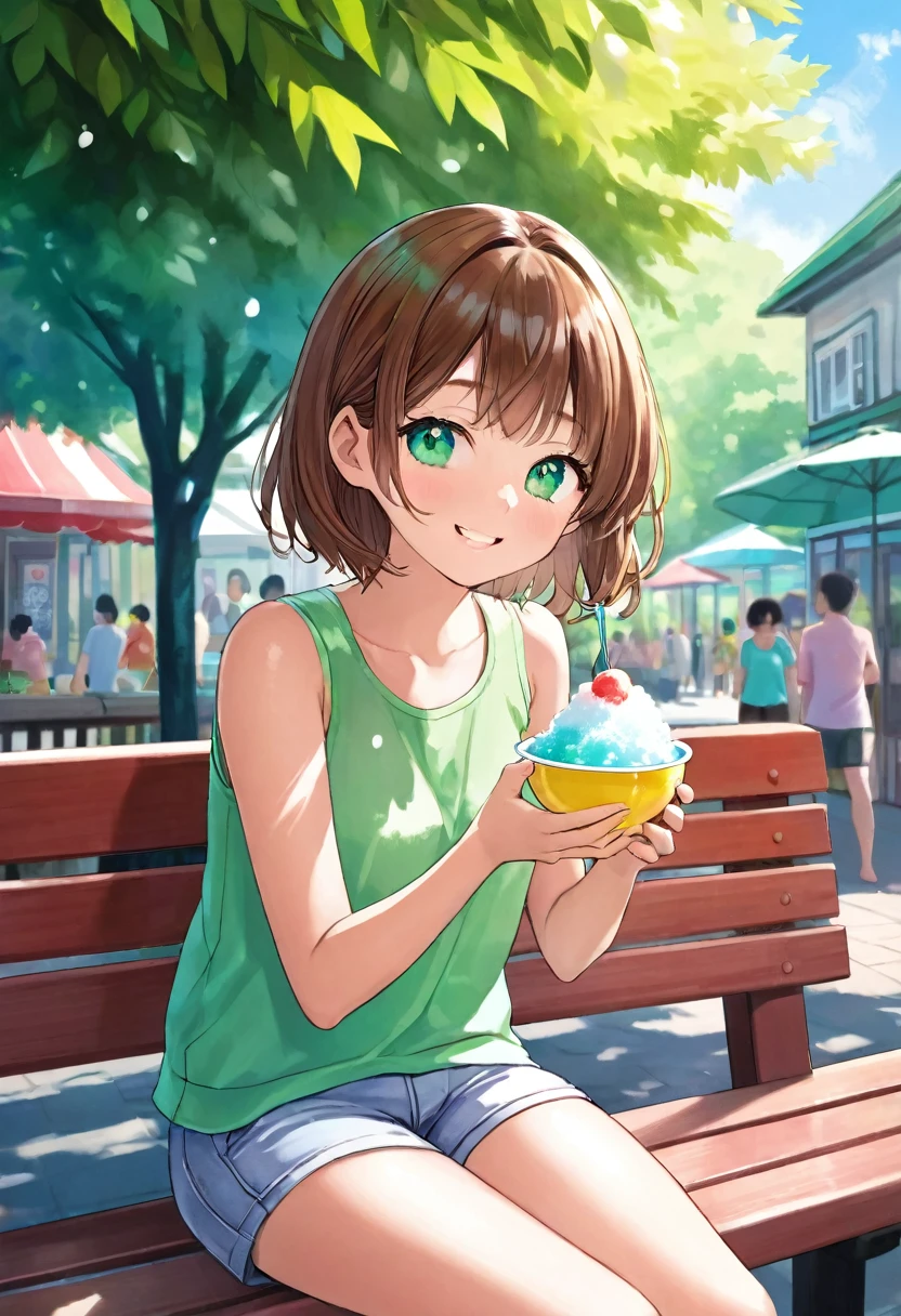 A young girl sits on a wooden bench under the shade of a leafy tree, savoring a bowl of brightly colored shaved ice. Her short, chestnut brown hair frames her face in soft, wispy layers, glinting in the dappled sunlight filtering through the branches above. Her emerald green eyes sparkle with delight, reflecting the vibrant colors of the icy treat.
The girl’s delicate, slender frame is relaxed, and her posture exudes a sense of contentment. She holds the bowl of shaved ice with one hand while the other delicately scoops up a spoonful of the icy confection. Her lips curl into a blissful smile as she enjoys the refreshing sweetness, her cheeks slightly flushed from the heat.
She is dressed in a light summer outfit – a sleeveless top and a pair of shorts – perfect for the warm weather. The fabric is airy and comfortable, allowing her to stay cool despite the high temperatures. The scene is set in a park, with the background featuring lush green trees and a clear, bright blue sky. The sun is high, casting a warm glow over everything, and creating a sharp contrast with the coolness of the shaved ice.
The colors in the scene are vivid and bright, capturing the intensity of a hot summer day. The girl's expression and body language convey pure happiness and relief from the heat, making the observer almost taste the cool sweetness of the shaved ice themselves. The overall atmosphere is one of joy and refreshment, perfectly encapsulating the simple pleasures of a summer day.