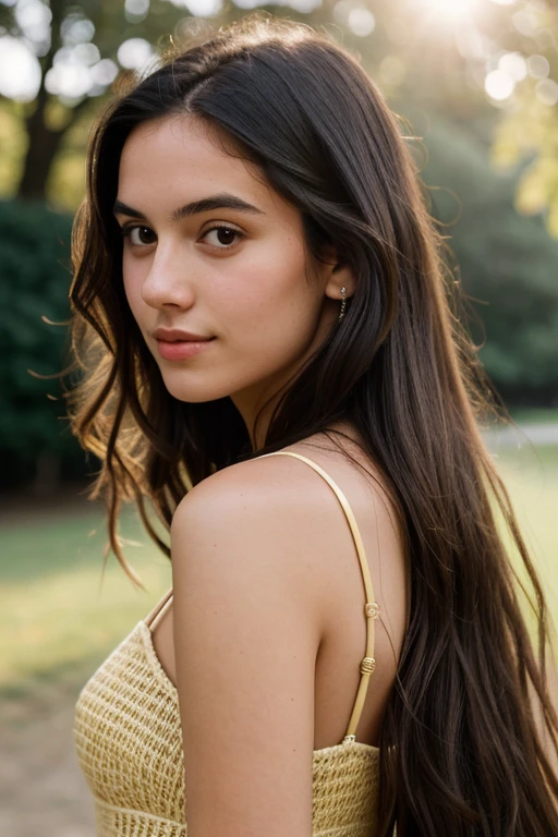 A photorealistic portrait of a 21-year-old colombian girl with long, flowing dark hair and striking dark eyes. She should have a natural, approachable expression and be illuminated by soft, golden-hour sunlight. The background should be a scenic outdoor setting, perhaps a sunlit park or beach. Capture this image with a high-resolution photograph using an 85mm lens for a flattering perspective.
