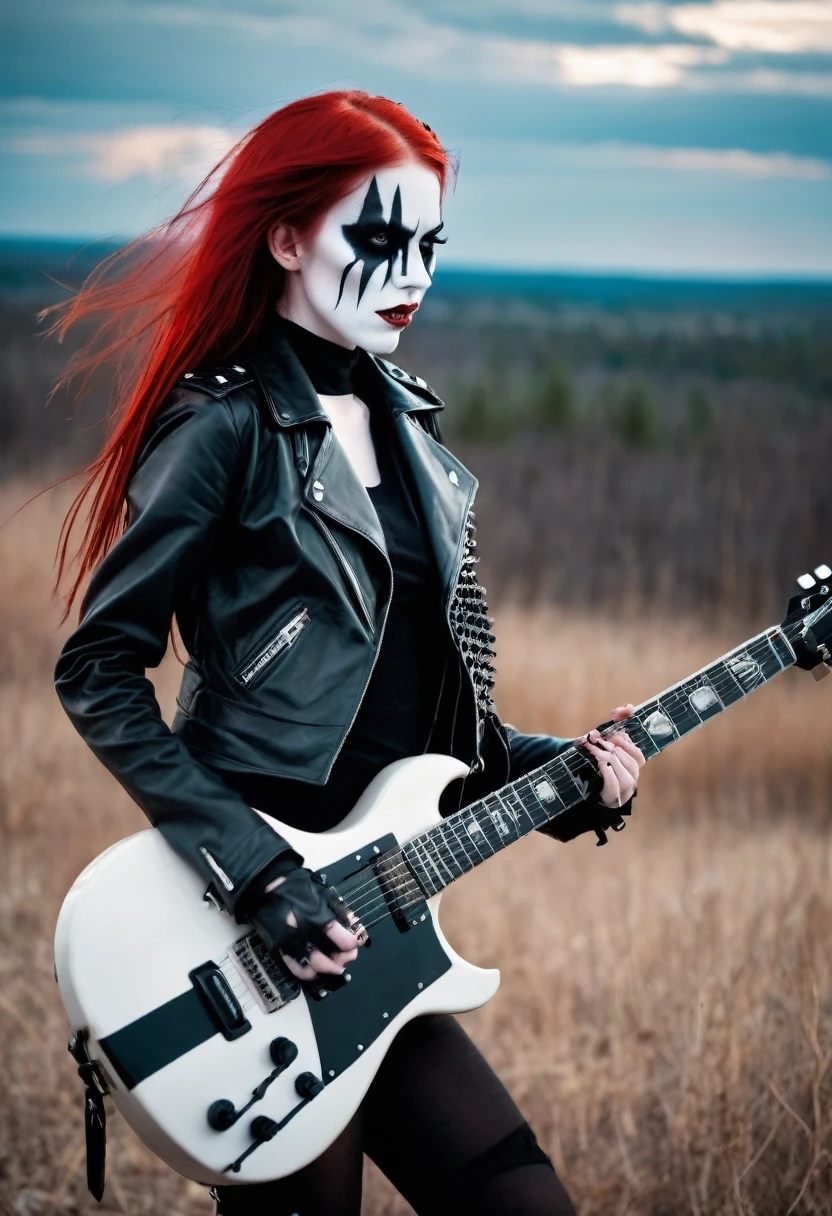 Black Metal girl, pale face, Black Metal make up, corpse paint face, red hair shoulder length, leather jacket, riding on a guitar in sky, electricity effects around her, movement blur