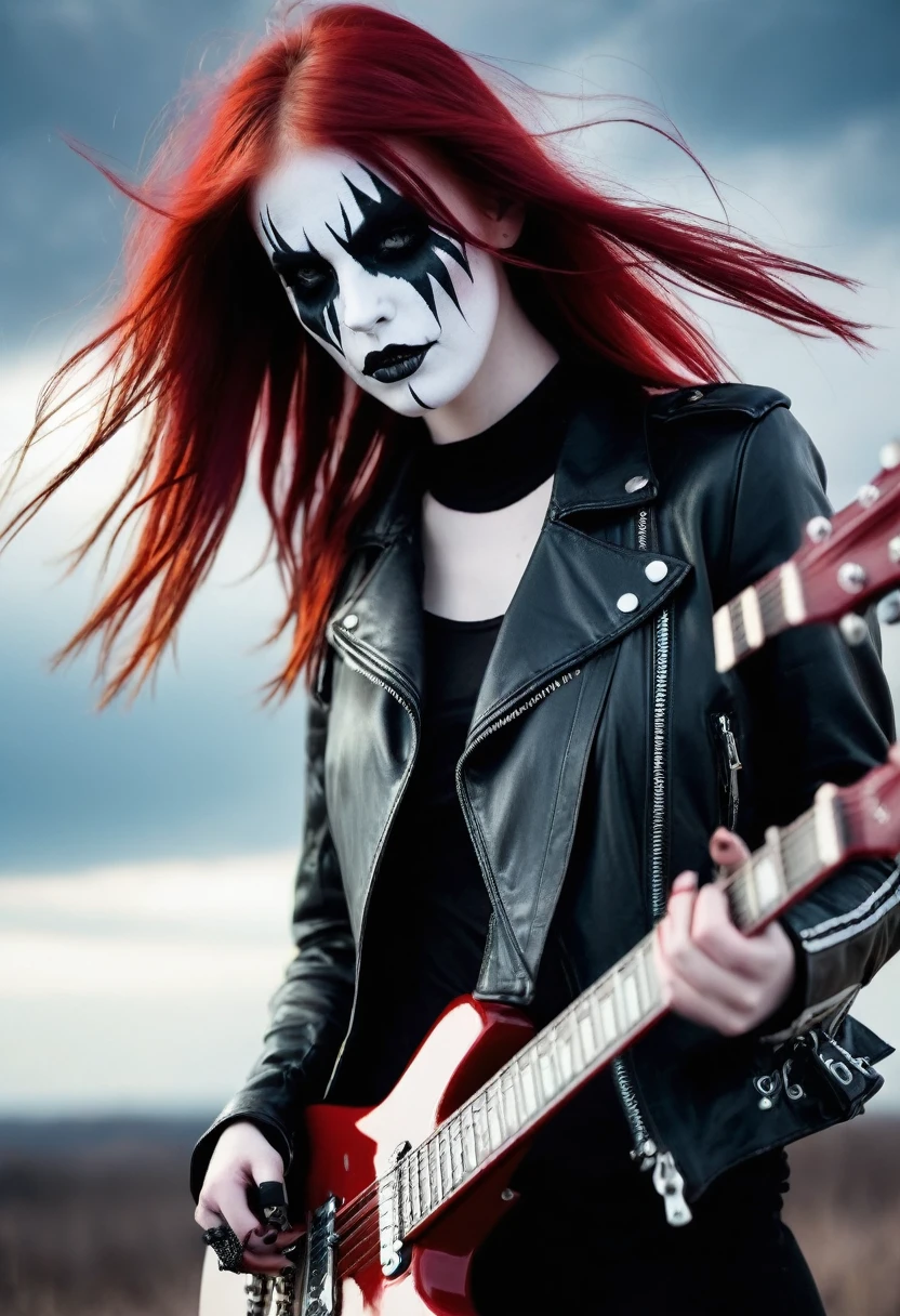 Black Metal girl, pale face, Black Metal make up, corpse paint face, red hair shoulder length, leather jacket, riding on a guitar in sky, electricity effects around her, movement blur