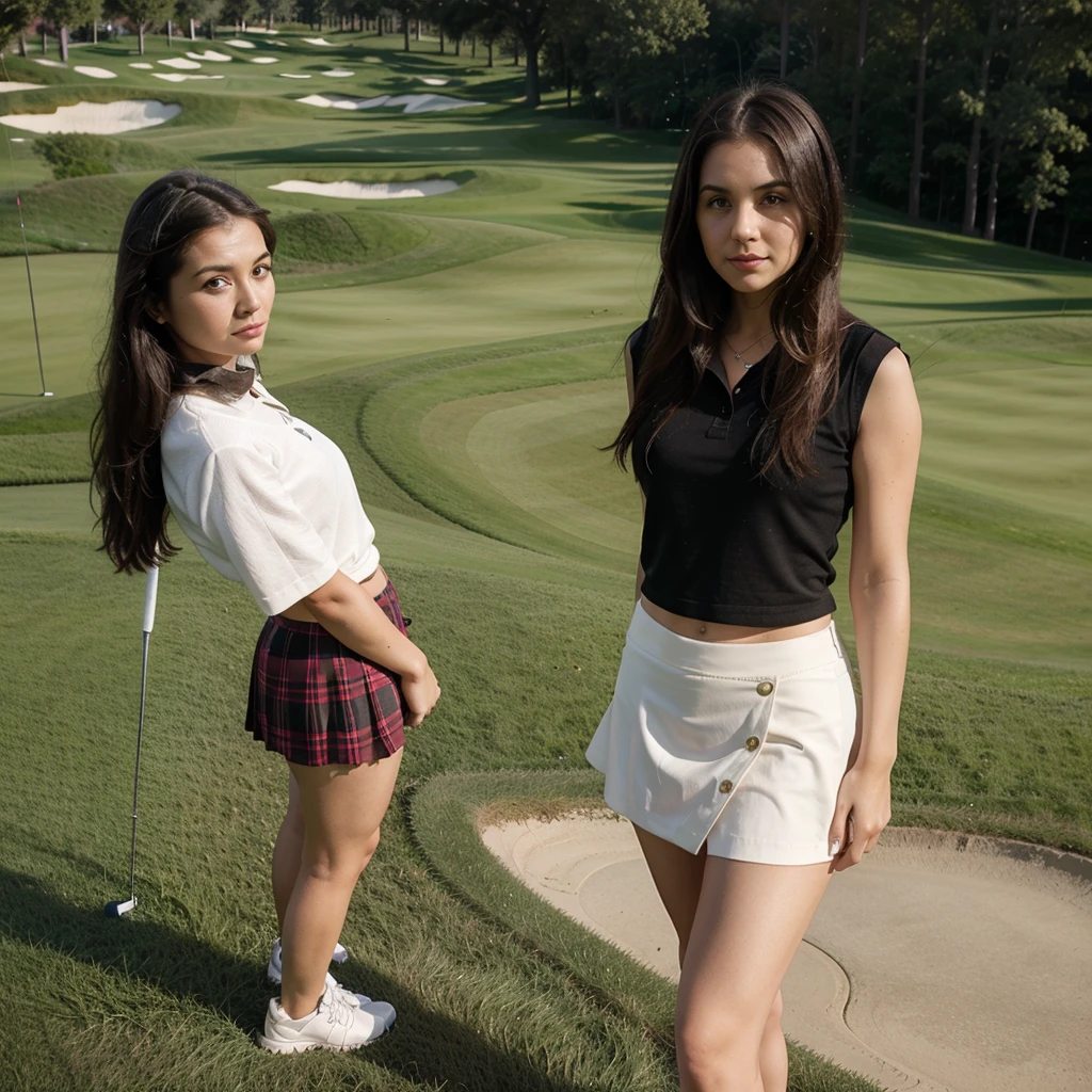 1girl in, 30 years old, Square face, Long hair, Looking at viewer, jewelry, Reality, Sexy, Short skirt outfit, , golf course backdrop, free pose
