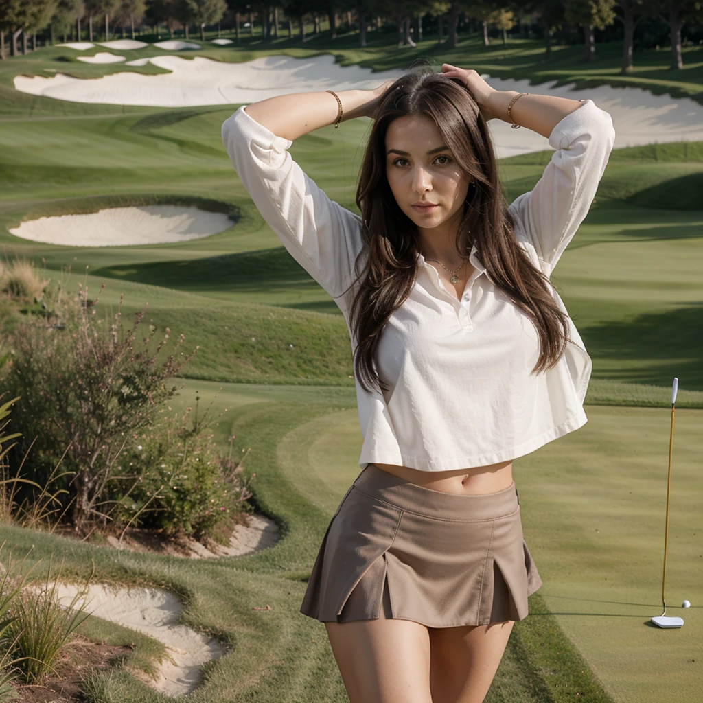 1girl in, 30 years old, Square face, Long hair, Looking at viewer, jewelry, Reality, Sexy, Short skirt outfit, , golf course backdrop, free pose