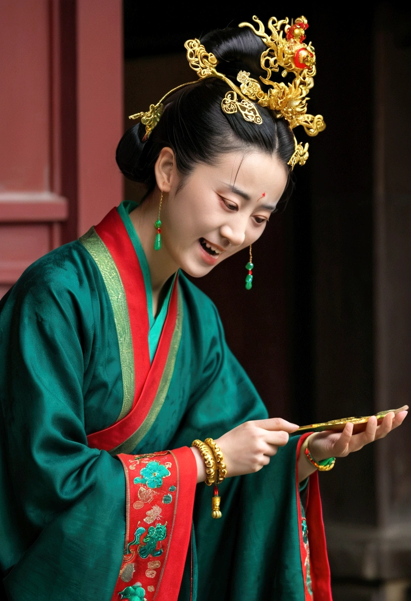 Wang Xifeng in red and green，Wearing a gold bracelet on her head，Standing on the threshold, picking teeth with an ear pick。