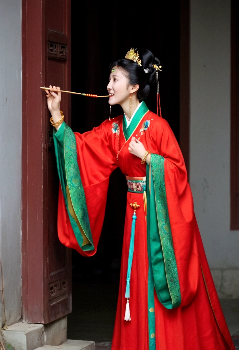 Wang Xifeng in red and green，Wearing a gold bracelet on her head，Standing on the threshold, picking teeth with an ear pick。