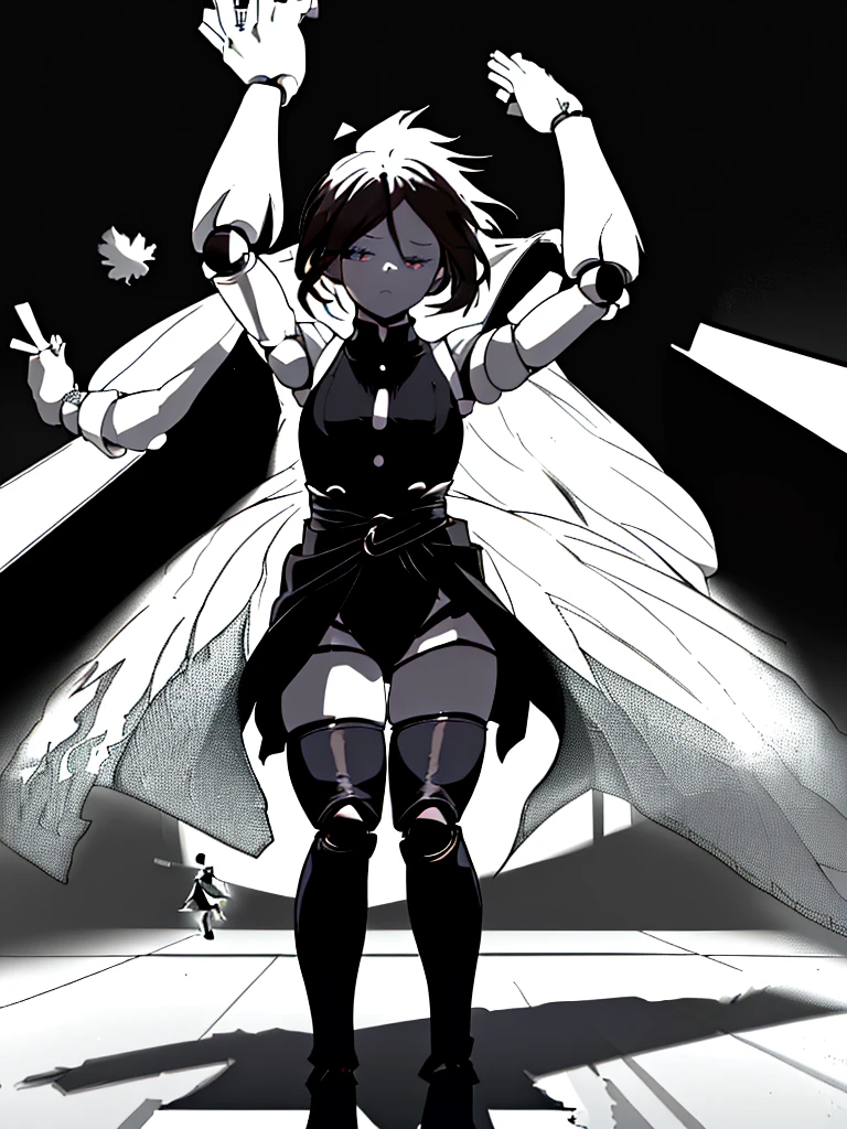 ((((High contrast dark room ambient lighting, dark background))), 1boy, serious, standing, ((doll knees, doll elbows, ((doll joints:1.2, action figure limbs:1.2, segmented body))), [mechanical body], (segmented waist), (doll waist), (black hair, dark black hair over eye:1), long hair cut, pale skin, ((brown eyes)), ((glowing_eyes)), (((ultra detailed eyes:0.7, beautiful and detailed face, detailed eyes:0.9))), ((centered)), (wide shot), facing viewer, (((outdoors, darkness, falling leaves:0.9))), medium breasts, looking at viewer, ((half closed eyes)), ((perfect hands)), (((head:1, arms, hips in view, elbows, thighs, in view))), ((hands at sides)), lively eyes, beautiful lighting, outside, outdoors, background, ((defined subject)), 25 years old, (head tilt), (((cool))), ((lively)), (((high contrast))))