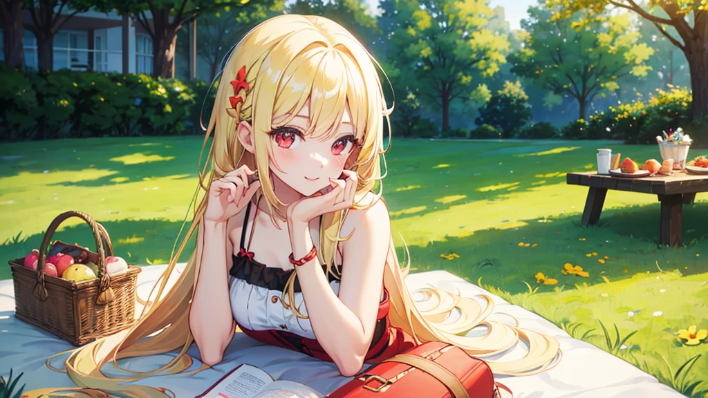 pretty girl, cute, happy, blonde hair, long hair, red eyes, round eyes, summer, picnic, park