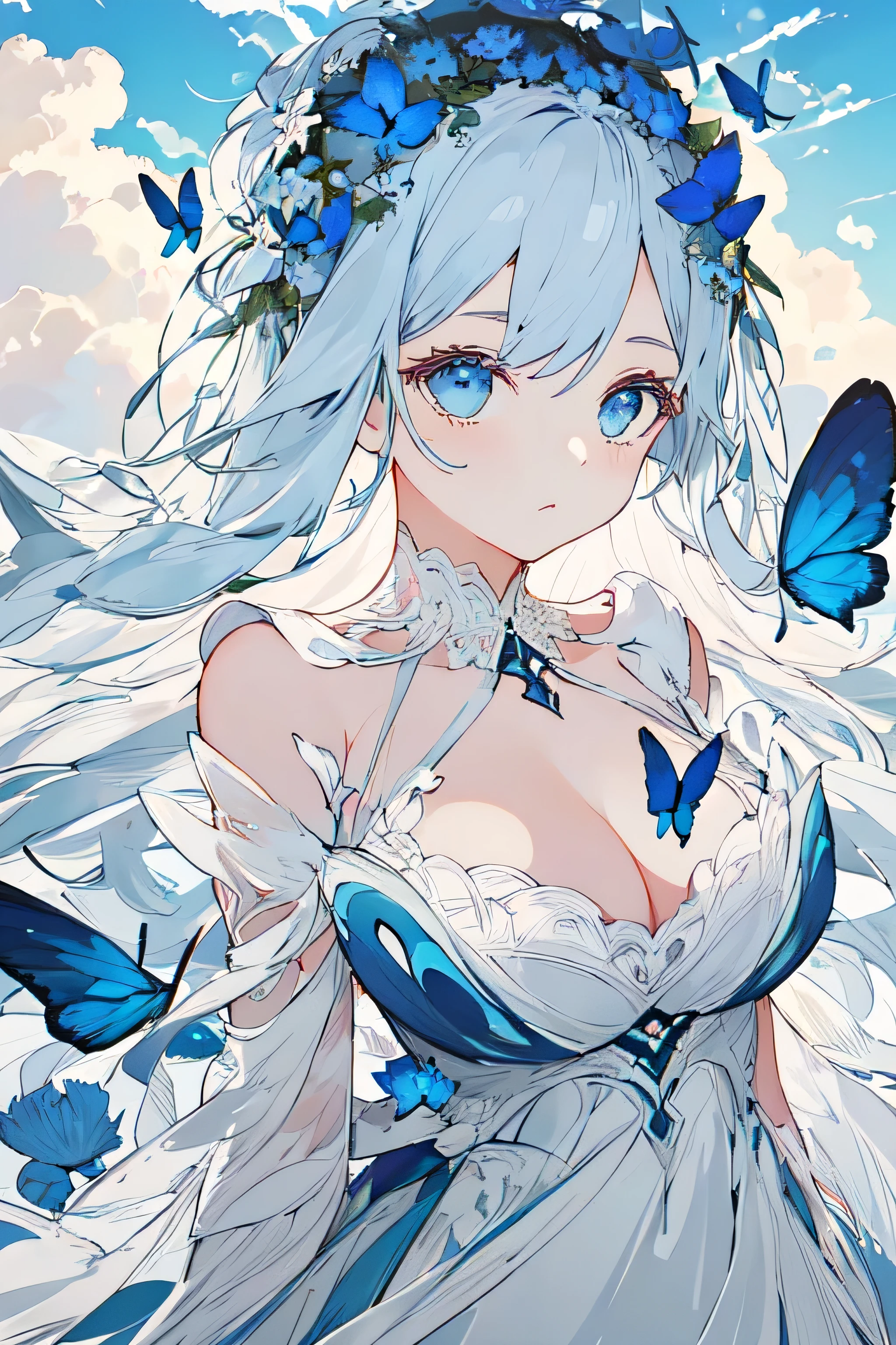 The Art of Cornflowers, Dreamy, (best quality, masterpiece, high resolution, light, Volumetric Lighting, Contour darkening, (Backlight), contour, Highly detailed 8k wallpaper, 1 Girl, Chiffon Dress, Very delicate and beautiful, Beautiful details for the eyes to appreciate, White_hair, [[long_hair]], Moderate_, (cumulu1.35), (Beautiful cloud of details), Blue Butterflyer Body)