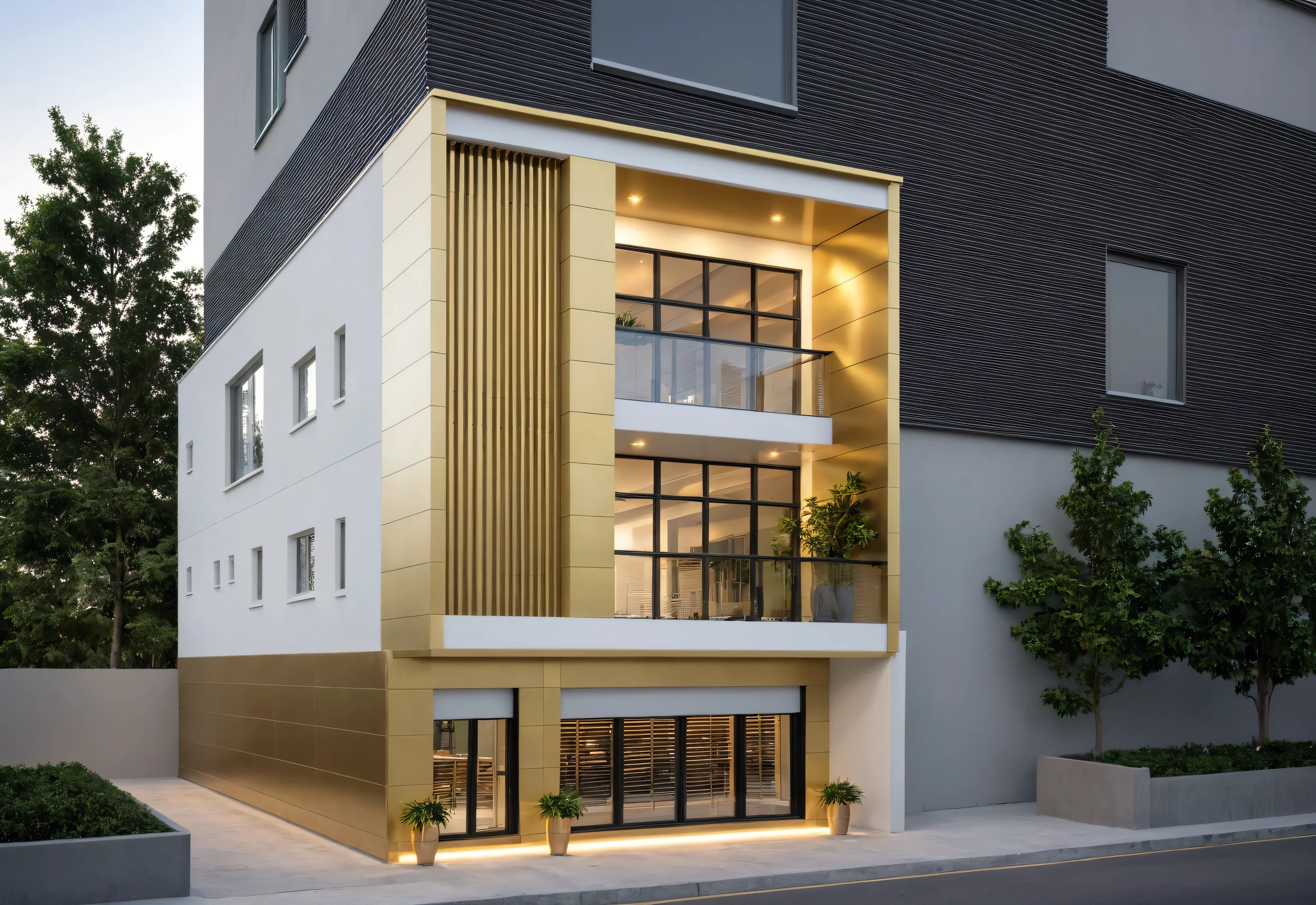 Raw photo,Masterpiece, high quality, best quality, authentic, super detail, modern style, aiaigroup, office building, decorative bars, decorative louvers, sun louvers, aluminum wall cladding, (Gold aluminum paneled facade:1.2), glass railing, outdoors, tree, building, scenery, city, road, real world location, treet, window, balcony, glass railing, on the street, minimalist line, daylight, realistic