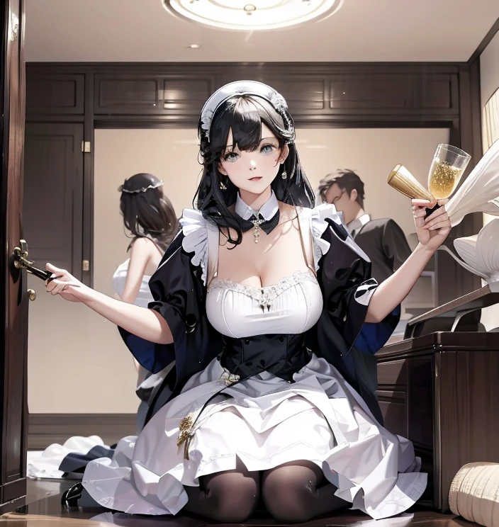 masterpiece, Beautiful composition, ((3 women)), (3 beautiful women), Dynamic Snapshot, ((rude lesbian sex scene, queen dominant two maids, Hardcore, rude sex)), dynamic poses, (dominant), queen in a dominant pose, strong posture, the queen stands over the maids, maids hug queen's feet, kiss ass, obedient pose, obedient, frightened, bent, head near feet, slim, ((fingering, Female masturbation:1.2)), (chained, connected, gold chain, chain around bodies , chained collar, handcuffs, rude:1.4), maid uniform, leather underwear, (cold light, Cool blue tones), flat blue background, very detailed, Best quality, 8K