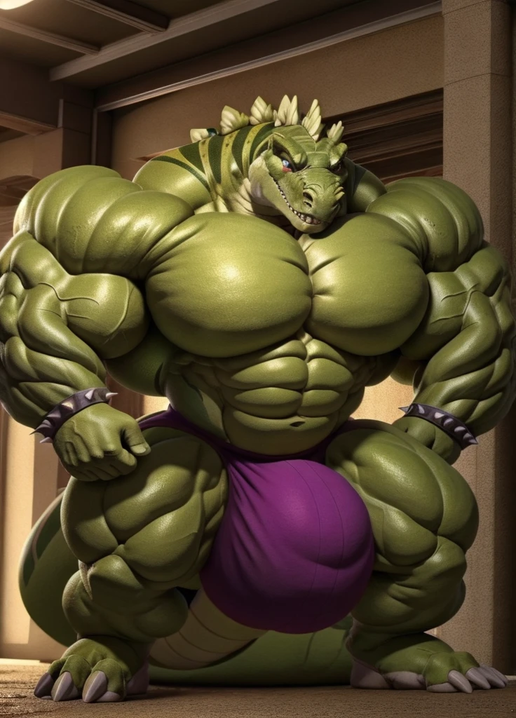 dinosaur,stegz,green skin,scalie,male,muscular,huge muscles,pecs,abs,nostrils,hyper muscles,huge pecs,muscle growth,hyper muscle growth,scaly,spikes，（Huge bulge：1.2）