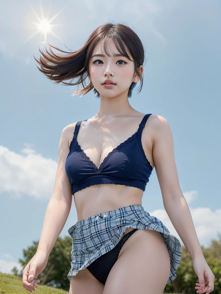 ((Best of the highest quality, 8k, Masterpiece, raw photo: 1.2)), (Sharp focus: 1.2), (1 AESPA, slim body type female, 21 y/o: 1.1), (Solo: 1.28), (realistic, photo-realistic:1.37), face focus, cute face, finely eyes, (droopy eyes: 1.32), (Emphasize prominent aegyo-sal with bright: 1.2), shimmering eyeshadow applied under the lower lash line, paired with thick, (small , flat chest, Thigh: 1.3), (short messy hair: 1.28), (bra top, skirt, sun visor: 1.32), walking Golf course, (skirt is rolled up by the wind, from below: 1.1)