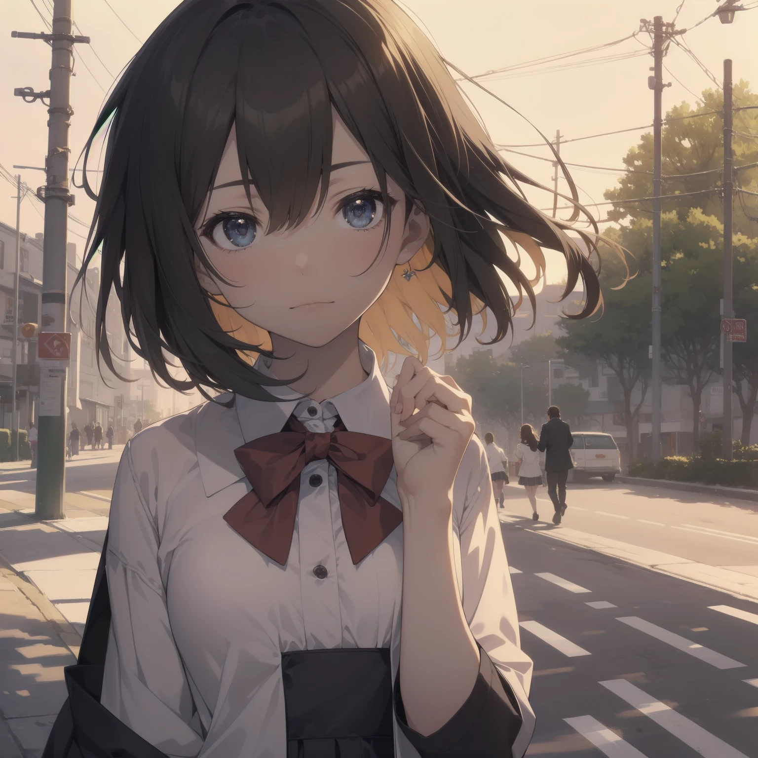 ultra-absurdres-Top quality by artist God, ultra-detailed, high resolution, anime moe artstyle, best anime 8k konachan wallpaper, pixiv contest winner, pool:2810, perfect anatomy,break, 1girl, (Please draw a girl walking sleepily to school alone. )break,(Solo,little female, 13-year-old:1.3),Full limbs, complete fingers,a junior high school student, (very short hair), short cut, flat chest, , small butt, small black eyes, beautiful detailed eyes, well-proportioned iris and pupils, expressive eyes, highres detailed hair, soft expression, salor school_uniform, sailor collar, serahuku, bow, pleated skirt,(Detailed Lighting), (Detailed background), in the School commute route. break,super detailed skin, Best cinematic lighting powered by famous artist, 8k,beauty illustration,photoshop_(medium),very aesthetic,break,((artist:takafumi )), artist:clamp ,artist:carnelian ,artist:kantoku ,