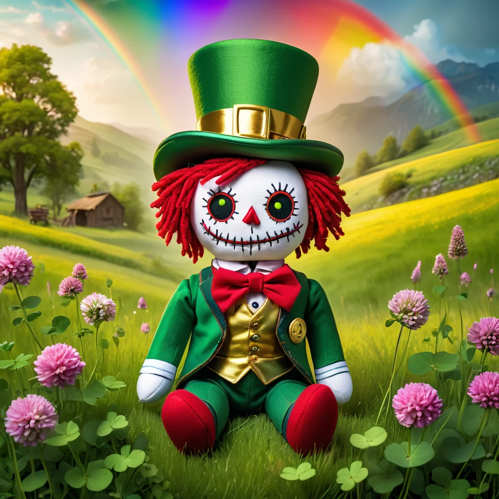 (knitted toy voodoo doll:1.8), (voodoo leprechaun:1.3), (holding a pot of gold:1.9), (wearing a green top hat with a gold buckle: 1.2), (green checkered vest:1.2), (red knee-length pants:1.4), (striped green and white socks: 1.2), (standing in a beautiful meadow filled with clover:1.4), (rainbow in the background:1.8),  best quality, masterpiece, detailed soft oil painting, detailed background, dramatic cinematic lighting, soft edge lighting, professional, dramatic lighting, hard edge lighting, ultra quality, 4k, masterpiece, best quality, 8k, ultra high definition, high resolution, extremely detailed