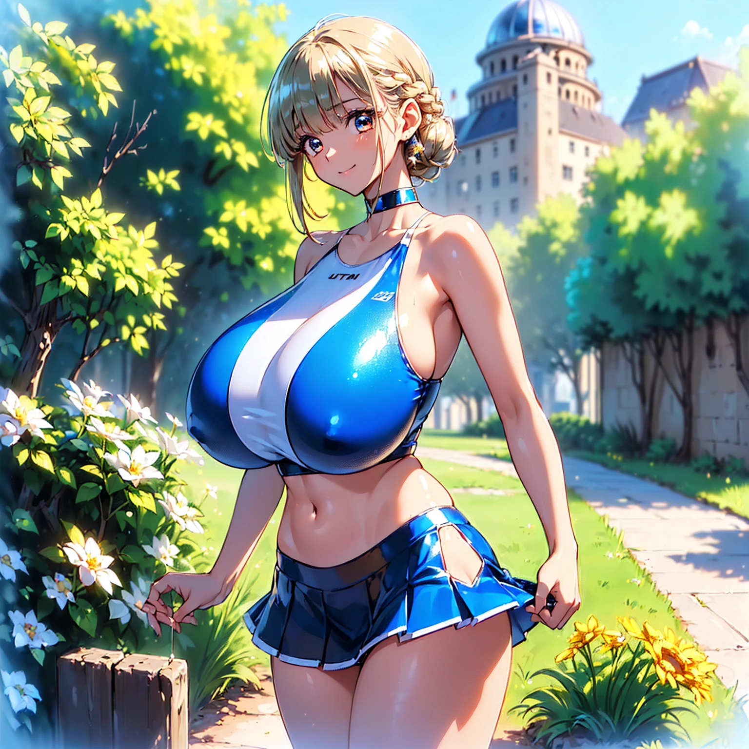 (((masterpiece))), (((best quality))), ((ultra-detailed)), (illustration), ((an extremely delicate and beautiful)), ((super detail)), ((high resolution)), ((())), ((metallic cloth)), (cheerleader), (super heroine), (android), delicate metal decorations, gleaming skin, shiny body, two legs, breast focus, (((tall))), slender legs, ((big round eyes)), cute eyes, drooping eyes, ((adult)), two hands, five fingers, no extra hands, elegant smile, braid, ((metallic blue)), (see-through), (dark blonde), (((ultra-huge breasts))), (shining brightly), outdoor, mini skirt, daytime, ((biopunk)), (hair shorter than shoulder), (medium length hair), gynoid, (metallic shining competition swimsuit), city, ((midriff-baring outfit)),