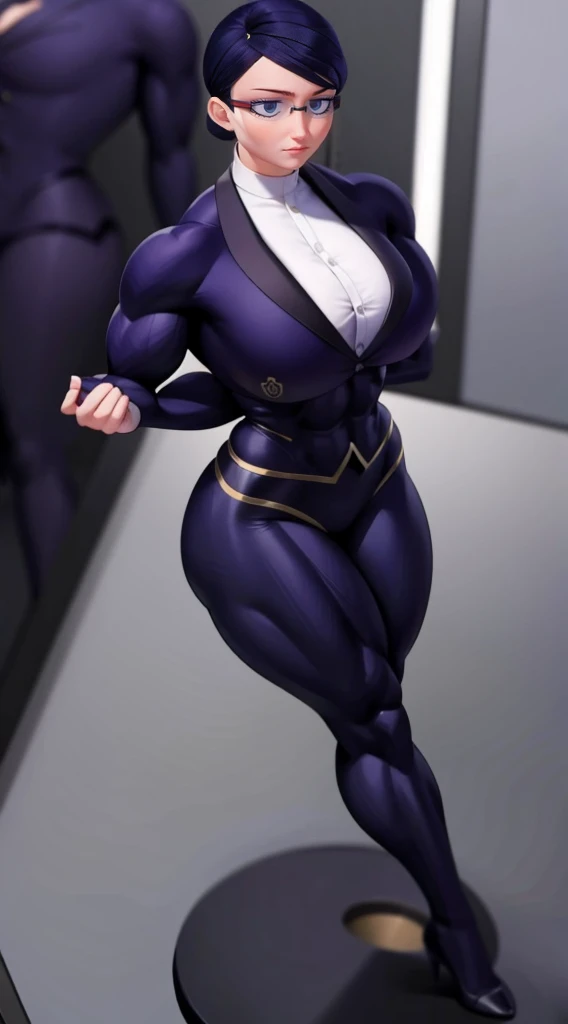 a muscular female bodybuilder in office suit, detailed face, beautiful detailed eyes, beautiful detailed lips, extremely detailed face and muscles, long eyelashes, strong muscles bulging through suit, dynamic pose, professional studio lighting, hyperrealistic, 8k, high quality, photorealistic, physically-based rendering, concept art, dramatic color palette,((abs))