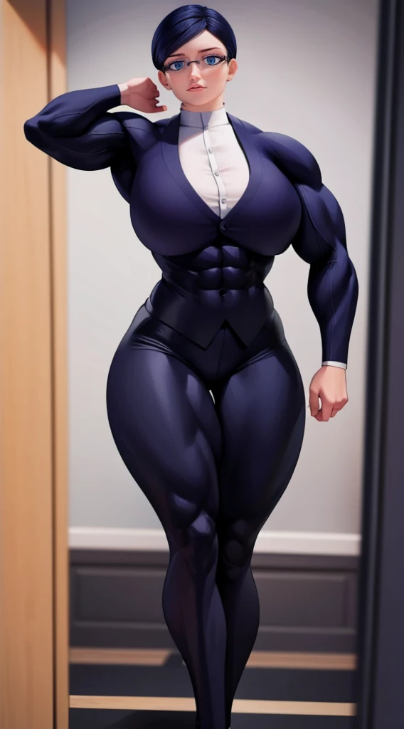 a muscular female bodybuilder in office suit, detailed face, beautiful detailed eyes, beautiful detailed lips, extremely detailed face and muscles, long eyelashes, strong muscles bulging through suit, dynamic pose, professional studio lighting, hyperrealistic, 8k, high quality, photorealistic, physically-based rendering, concept art, dramatic color palette,((abs))