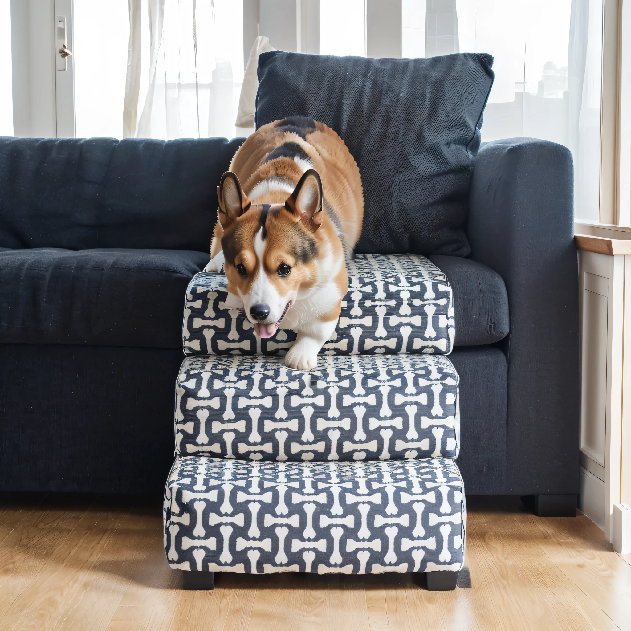 There is a corgi standing on the pet stairs, Corgi, Corgi, Walk down the stairs, ,Product Image,High-end,Japanese style interior decoration environment,Illuminated by natural light