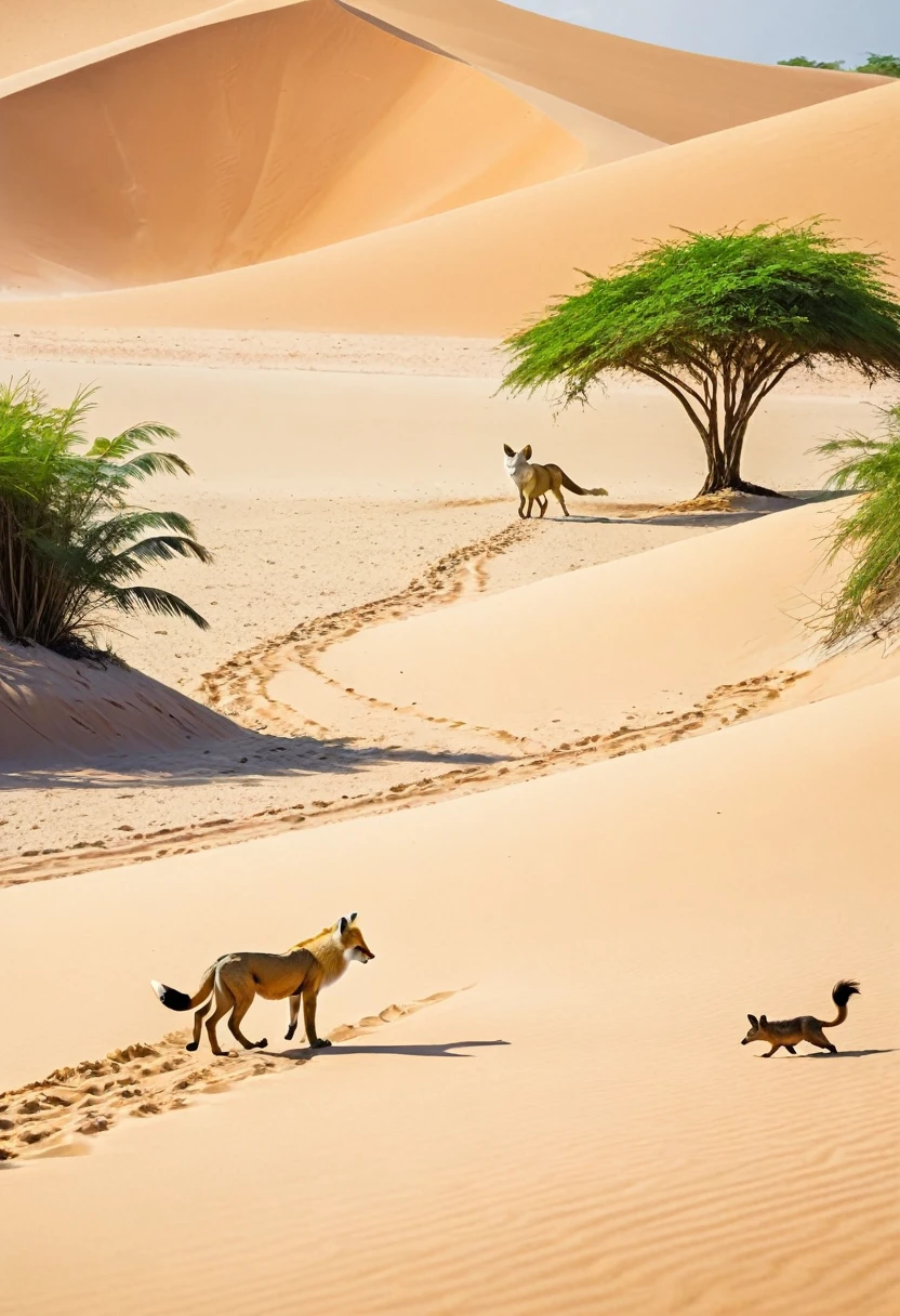 An array of wild beasts: a desert lion and a fennec fox on the sandy side, and a tropical bird and a small, wild boar on the jungle side, cautiously approaching each other near a meeting point where desert sands blend with the jungle’s edge.
