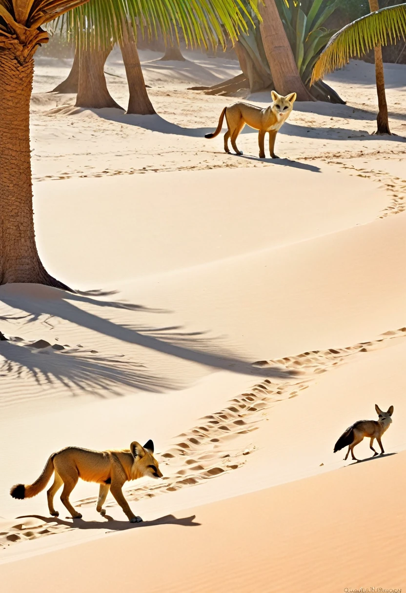 An array of wild beasts: a desert lion and a fennec fox on the sandy side, and a tropical bird and a small, wild boar on the jungle side, cautiously approaching each other near a meeting point where desert sands blend with the jungle’s edge.
