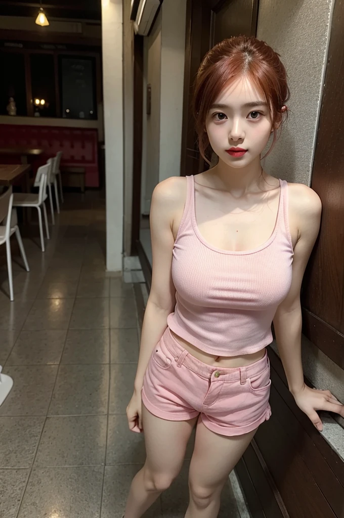 A very cute girl, solo, young, wearing pink tank top and short pants, big breasts, white and smooth skin, standing, full body, red lip, medium hairs, at pub, realistic face