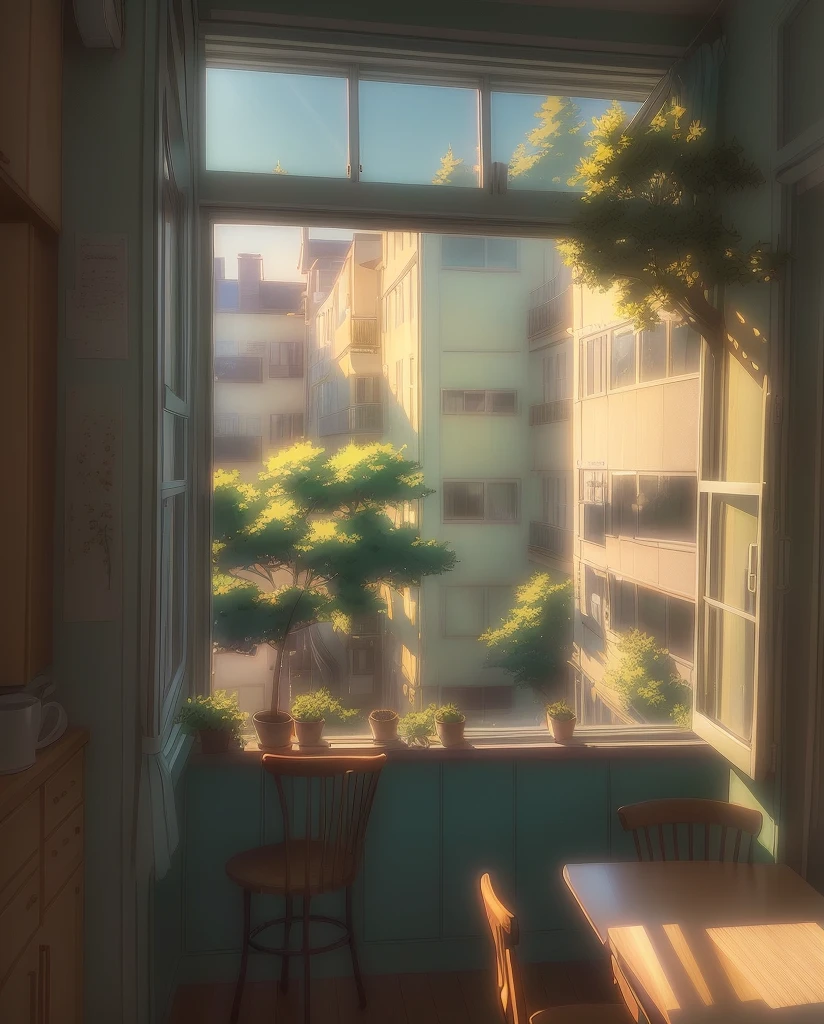 a picture taken from a kitchen with a window and a table, anime background art, anime aesthetic, open window ib background, cozy cafe background, studio ghibli aesthetic, detailed scenery —width 672, anime background, magical realism style, studio glibly makoto shinkai, style of makoto shinkai, anime vibes, background art, summer morning light
