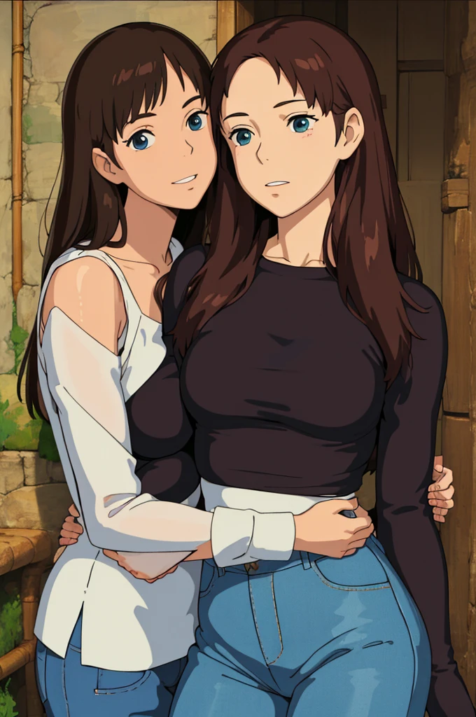 2heads, a tall fat woman with 2 heads. She has enormous breasts. She is in a bedroom. She is wearing a low-cut top and tight jeans. She has long straight brown hair. She has enormous fat breasts. She is extremely tall. She is very fat. She looks motherly. She is smiling and blushing. She is holding her face. She has massive fat boobs. She looks seductive. Low angle viewing up to woman. Giant breasts. She looks motherly and mature. View from below looking up. She has full lips. She has thick thighs. She is looking down to the viewer.