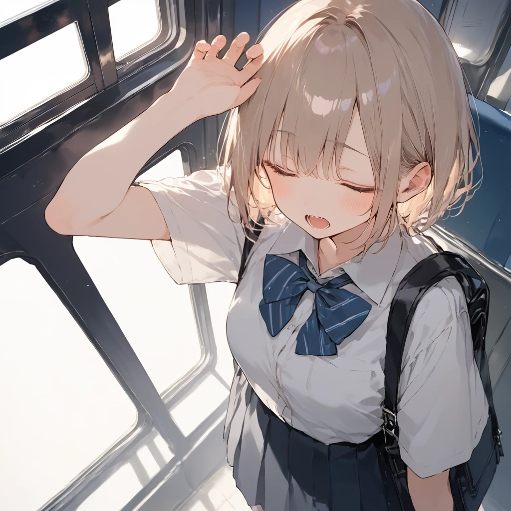 score_9, score_8_up, score_7_up, source_anime, best quality, masterpiece,ultra-detailed,official art, absurdres, highres, waifu2x, break,1girl, school girl, short hair, slender, open mouth, (yawn:0.3), sleepily,night, train, break,(clear line illustration:1.2),very high resolution, very aesthetic, super detailed skin, Best sexual lighting powered by famous artist, 8k,ero picture,beauty illustration,photoshop_(medium),,(Detailed Lighting),
