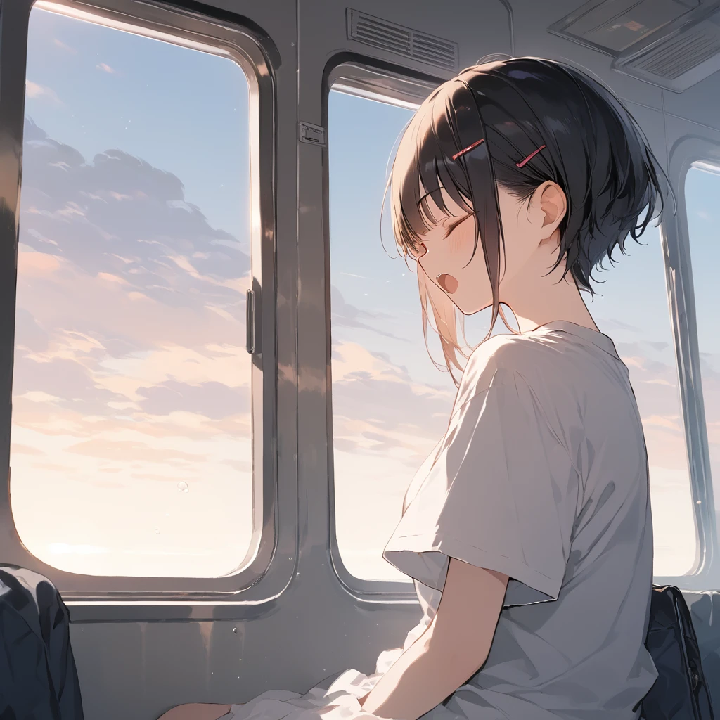 score_9, score_8_up, score_7_up, source_anime, best quality, masterpiece,ultra-detailed,official art, absurdres, highres, waifu2x, break,1girl, school girl, short hair, slender, open mouth, (yawn:0.3), sleepily,night, train, break,(clear line illustration:1.2),very high resolution, very aesthetic, super detailed skin, Best sexual lighting powered by famous artist, 8k,ero picture,beauty illustration,photoshop_(medium),,(Detailed Lighting),