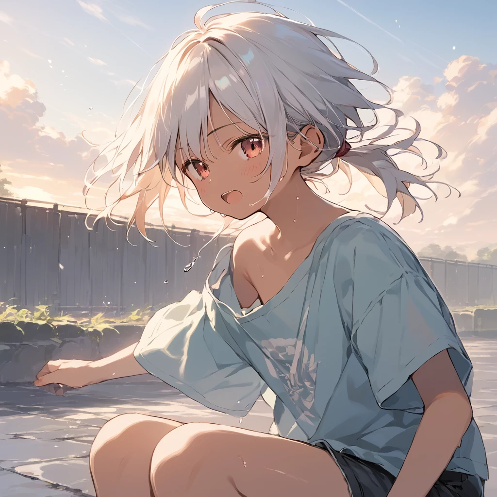 score_9, score_8_up, score_7_up, source_anime, best quality, masterpiece, official art, absurdres, highres, ultra-detailed,waifu2x,Collection: Slice of Life,break,1girl, tomboy, dark-skinned female, short hair, low ponytail, flat chest, beautiful detailed eyes, short shorts, sweat, open mouth, (yawn:0.3), sleepily, outdoors, wind, break,(clear line illustration:1.2),very high resolution, very aesthetic, super detailed skin, Best sexual lighting powered by famous artist, 8k,cute picture,beauty illustration,photoshop_(medium),,(Detailed Lighting),best anime 8k konachan wallpaper, pixiv contest winner,