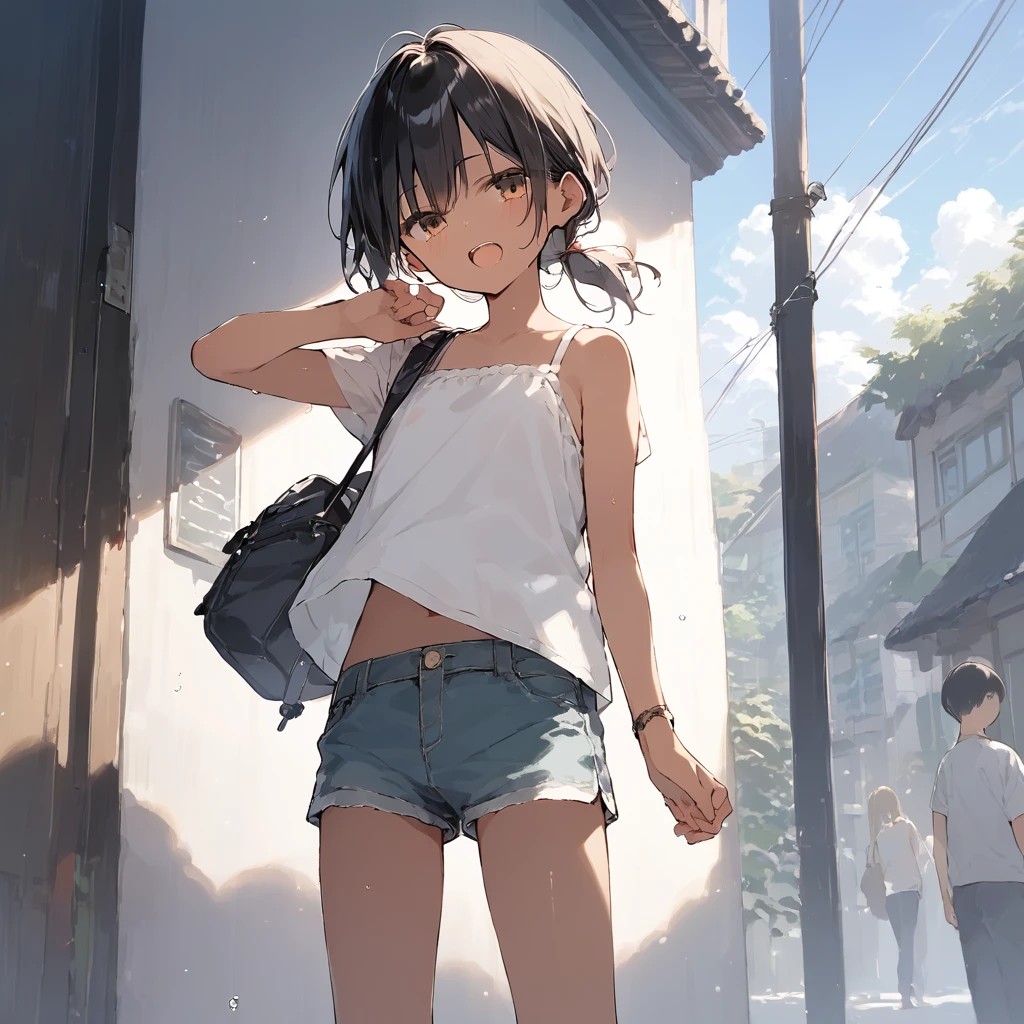 score_9, score_8_up, score_7_up, source_anime, best quality, masterpiece, official art, absurdres, highres, ultra-detailed,waifu2x,Collection: Slice of Life,break,1girl, tomboy, dark-skinned female, short hair, low ponytail, flat chest, beautiful detailed eyes, short shorts, sweat, open mouth, (yawn:0.3), sleepily, outdoors, wind, break,(clear line illustration:1.2),very high resolution, very aesthetic, super detailed skin, Best sexual lighting powered by famous artist, 8k,cute picture,beauty illustration,photoshop_(medium),,(Detailed Lighting),best anime 8k konachan wallpaper, pixiv contest winner,