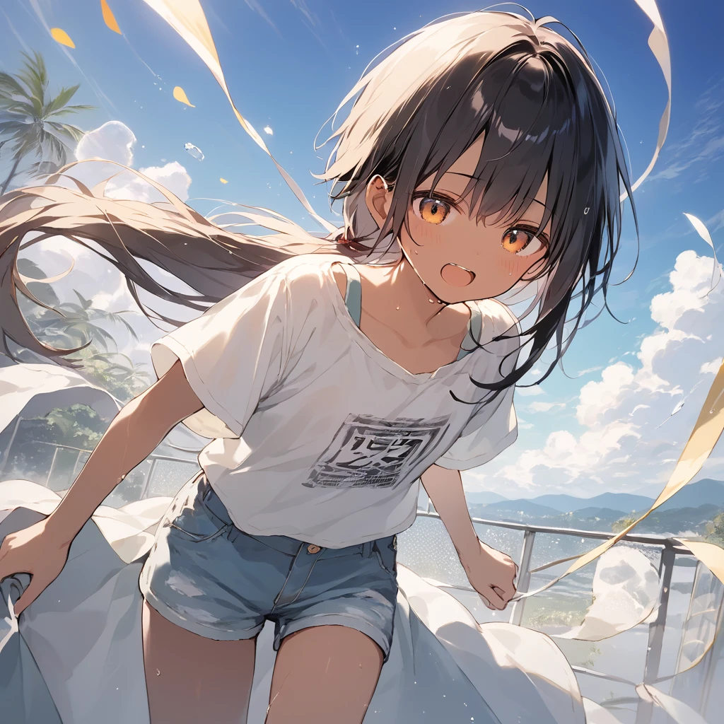 score_9, score_8_up, score_7_up, source_anime, best quality, masterpiece, official art, absurdres, highres, ultra-detailed,waifu2x,Collection: Slice of Life,break,1girl, tomboy, dark-skinned female, short hair, low ponytail, flat chest, groin, beautiful detailed eyes, shorts, sweat, open mouth, (yawn:0.3), sleepily,  outdoors, wind,break,(clear line illustration:1.2), super detailed skin,very high resolution, very aesthetic, Best sexual lighting powered by famous artist, 8k, 16k, cute picture,beauty illustration,photoshop_(medium),,(Detailed Lighting),best anime 8k konachan wallpaper, pixiv contest winner, 