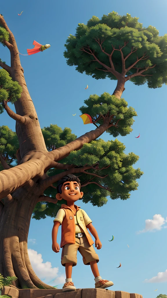 Suddenly the kite gets stuck in a big tree. Raju's happiness fades, and he looks at the tree worriedly.