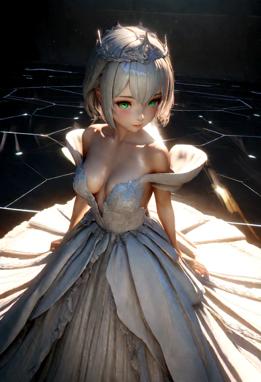 ((Best Quality)), ((Masterpiece)), (Very Detailed:1.3), 3D, Shitu-mecha, Beautiful evening gown woman wearing a crown with her tiara in ballroom, long silver hair, sci-fi technology, HDR (High Dynamic Range), ray tracing, NVIDIA RTX, super resolution, Unreal 5, subsurface tering, PBR texture, post-processing, anisotropic filtering, depth of field, maximum sharpness and sharpness, Multi-layer textures, albedo and specular maps, surface shading, accurate simulation of light-material inteerfect ratios, octane rendering, duotone lighting, low ISO, white balance, rule of thirds, wide aperture, 8K RAW, efficient sub-pixels, subpixel convolution, luminous particles, light scattering, Tyn effect
