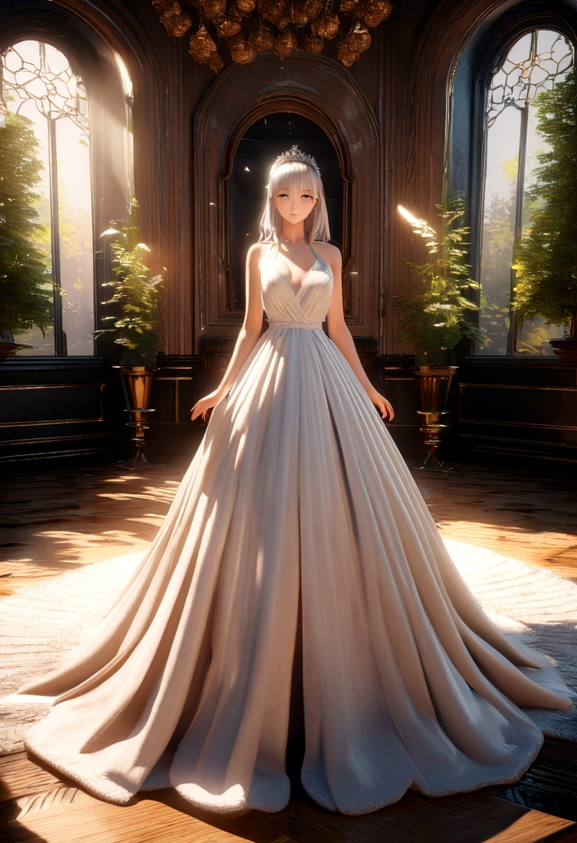 ((Best Quality)), ((Masterpiece)), (Very Detailed:1.3), 3D, Shitu-mecha, Beautiful evening gown woman wearing a crown with her tiara in ballroom, long silver hair, sci-fi technology, HDR (High Dynamic Range), ray tracing, NVIDIA RTX, super resolution, Unreal 5, subsurface scattering, PBR texture, post-processing, anisotropic filtering, depth of field, maximum sharpness and sharpness, Multi-layer textures, albedo and specular maps, surface shading, accurate simulation of light-material interactions, perfect ratios, octane rendering, duotone lighting, low ISO, white balance, rule of thirds, wide aperture, 8K RAW, efficient sub-pixels, subpixel convolution, luminous particles, light scattering, Tyndall effect
