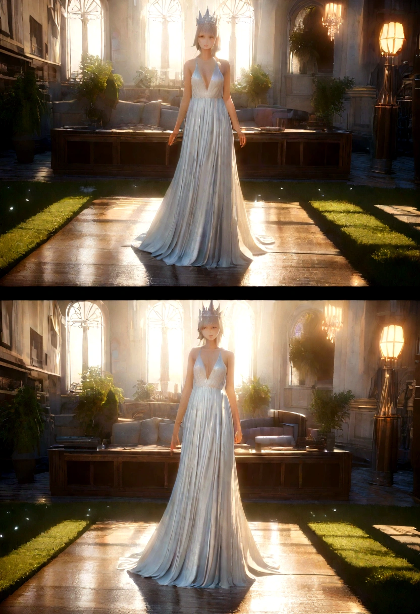 ((Best Quality)), ((Masterpiece)), (Very Detailed:1.3), 3D, Shitu-mecha, Beautiful evening gown woman wearing a crown with her tiara in ballroom, long silver hair, sci-fi technology, HDR (High Dynamic Range), ray tracing, NVIDIA RTX, super resolution, Unreal 5, subsurface scattering, PBR texture, post-processing, anisotropic filtering, depth of field, maximum sharpness and sharpness, Multi-layer textures, albedo and specular maps, surface shading, accurate simulation of light-material interactions, perfect ratios, octane rendering, duotone lighting, low ISO, white balance, rule of thirds, wide aperture, 8K RAW, efficient sub-pixels, subpixel convolution, luminous particles, light scattering, Tyndall effect