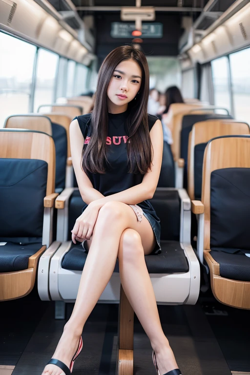 people sitting on a bus with their cell phones in their hands, a hyperrealistic painting by Yi Insang, tumblr, hyperrealism, crossed legs, looking distracted and awkward, long thin legs, juicy legs, set on singaporean aesthetic, legs crossed, nice legs, long legs, looking distracted, giant legs, exposed thighs, thick legs, very beautiful slim legs