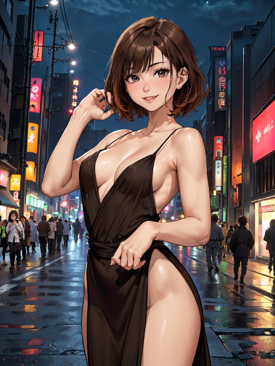 ((4K, UHD, Top Quality, Masterpiece: 1.2), (Realistic, Photorealistic: 1.37), Ultra Detail, (Tokyo, Busy Street, Nighttime: 1.2), scenery, Professional Lighting, Photon Mapping, Radiosity, Physically Based Rendering, Masterpiece, Rich Detail, (Fine Face), (Fine Eyes), (Clear Face), (Detailed Face Description), (Detailed Hand Description), ( masterpiece), realistic, extreme light and shadow, shiny skin, shiny hair, one girl, 18 years old, Japan, crowd, surrounded by crowd, cute, (smile, happy:1.3), (gradient brown hair, short hair, bangs:1.2), small tall, (slender:1.2), double, disheveled hair, fine clavicle, clavicle, (dynamic pose, full shot: 1.3), (black gown, night gown: 1.2), face focus, night time,