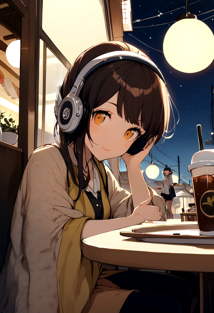 Girl sitting in cafe,Wearing headphones,sunny,Night Sky,Drink coffee, Japanese