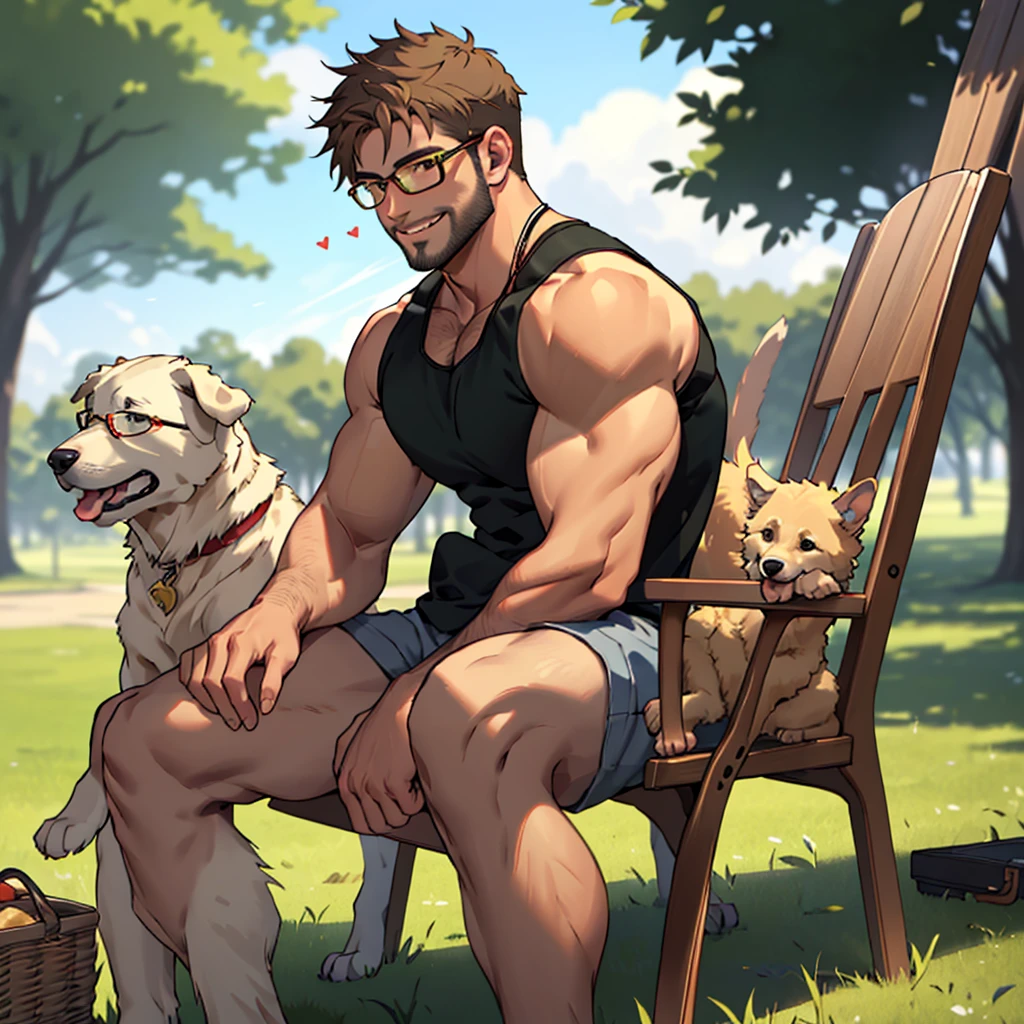 a man with a dark blond beard well groomed ,a dark blond hair   , a golden retriever dog sitting near him, the man wearing( glasses, green tanktop,white short ), in a park, the man sitting over a table  cloth on the grass near picnic basket , high well detailed face fingers body parts  focus, happy smile, happy dog, heart-warming, seen from the front to side