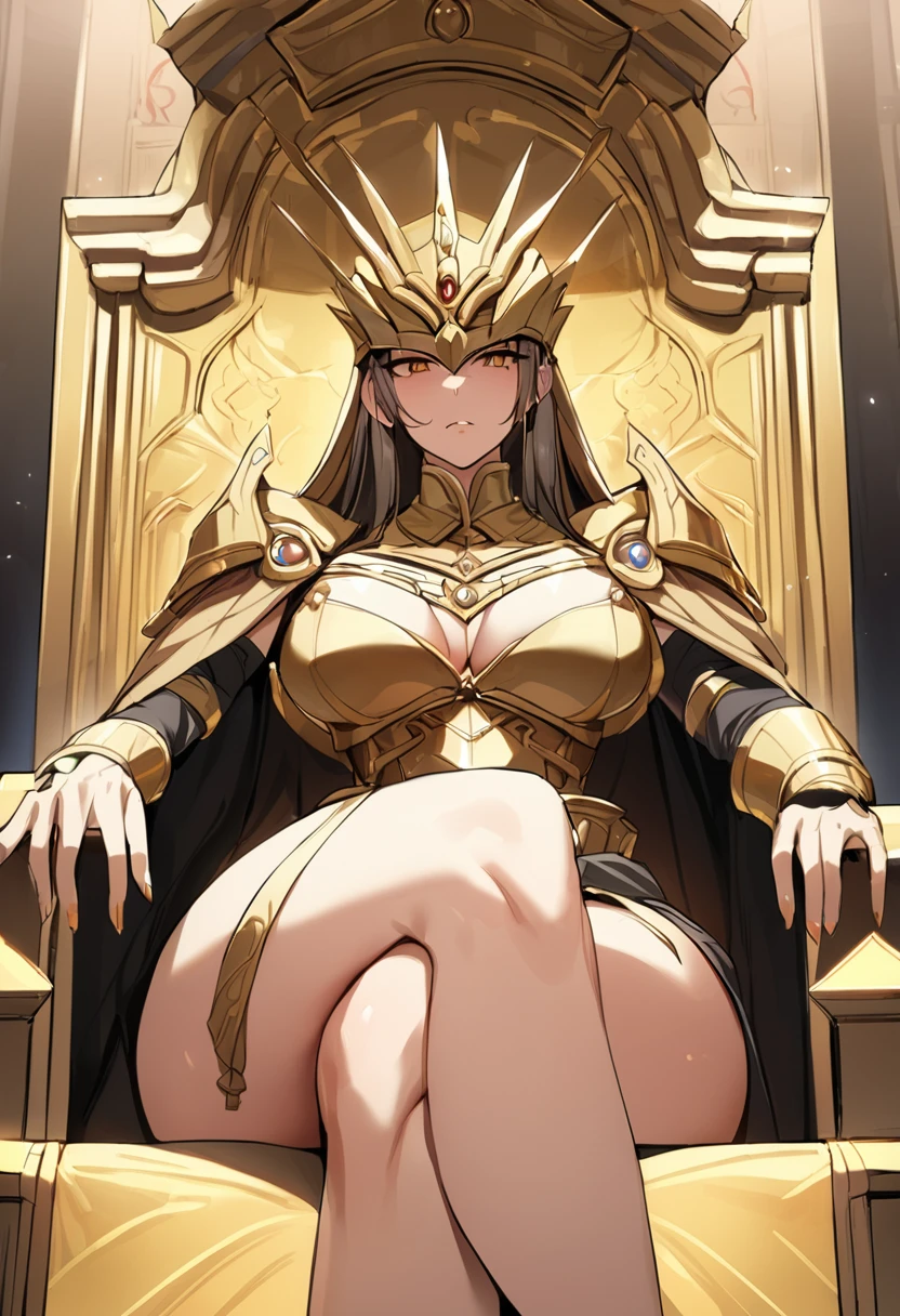 (masterpiece, best quality, extremely detailed:1.3) BREAK 1girl, Mythology Emperor, Mythology Armor, wide hips, serious, shaded face, sitting, crossed legs, gold throne, luxury palace, gold theme, (shoujo-style:1.2)