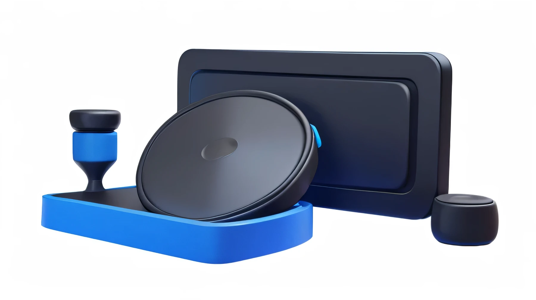 Black standard geypad, headphones and game console in the background on a blue background. 3d rendering.