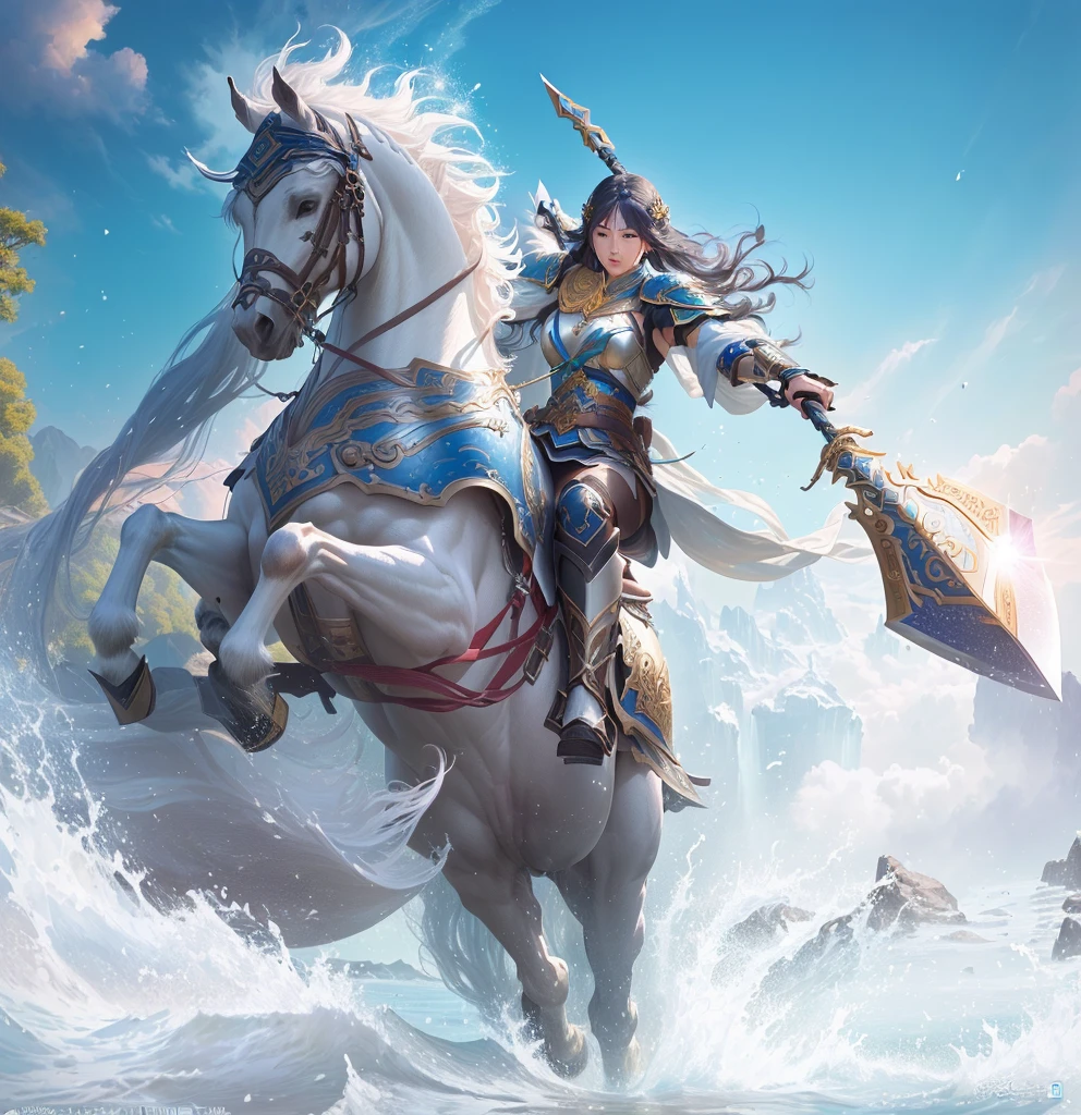 There is a woman riding a horse in the water，Sword in hand, zhao yun, author：Yang J, Queen of the Sea Mu Yanling, g liulian art style, Horse Warrior, mystical atlantean valkyrie, author：Chen Zhou, 2. 5D CGI anime fantasy artwork, author：Li Song, Wallpaper Splash Art Promotional Art, Epic fantasy digital art style