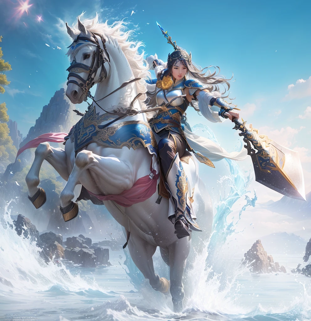 There is a woman riding a horse in the water,Sword in hand, zhao yun, author:Yang J, Queen of the Sea Mu Yanling, g liulian art style, Horse Warrior, mystical atlantean valkyrie, author:Chen Zhou, 2. 5D CGI anime fantasy artwork, author:Li Song, Wallpaper Splash Art Promotional Art, Epic fantasy digital art style