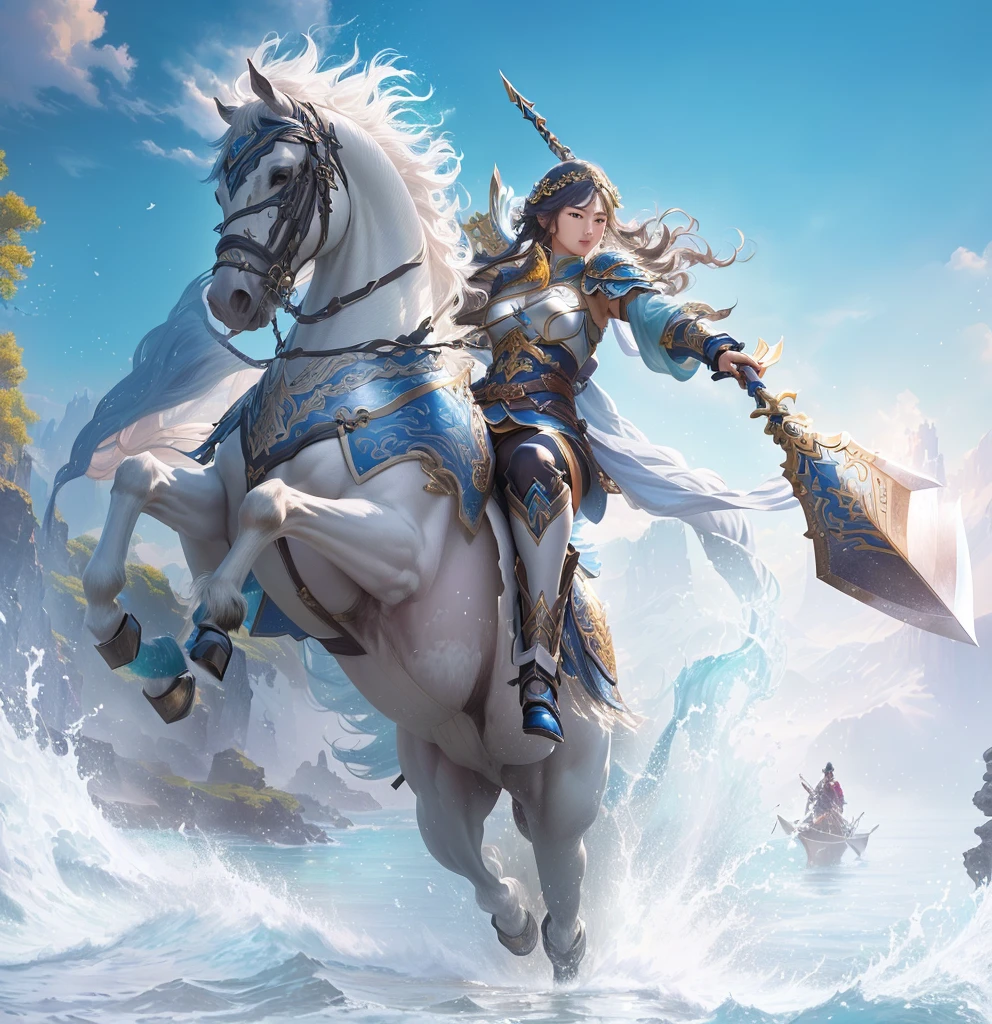 There is a woman riding a horse in the water,Sword in hand, zhao yun, author:Yang J, Queen of the Sea Mu Yanling, g liulian art style, Horse Warrior, mystical atlantean valkyrie, author:Chen Zhou, 2. 5D CGI anime fantasy artwork, author:Li Song, Wallpaper Splash Art Promotional Art, Epic fantasy digital art style