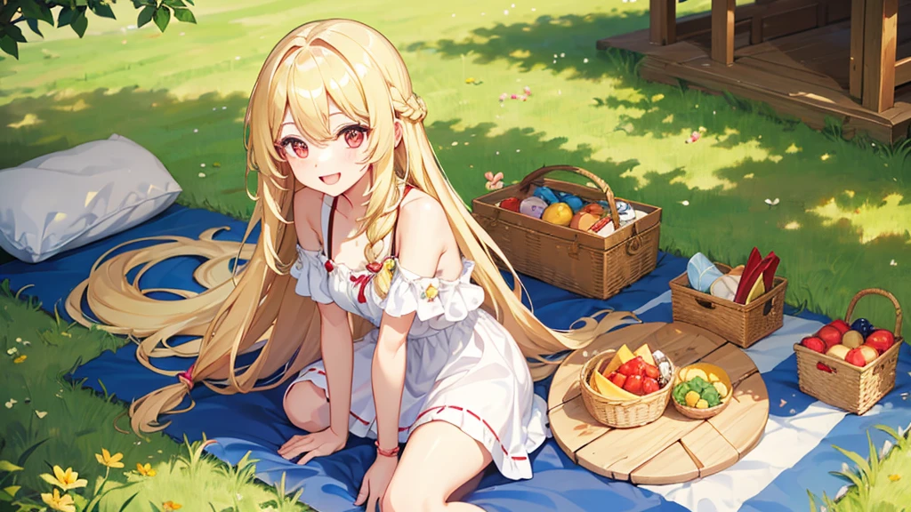 pretty girl, cute, happy, blonde hair, long hair, red eyes, round eyes, summer, picnic, park.