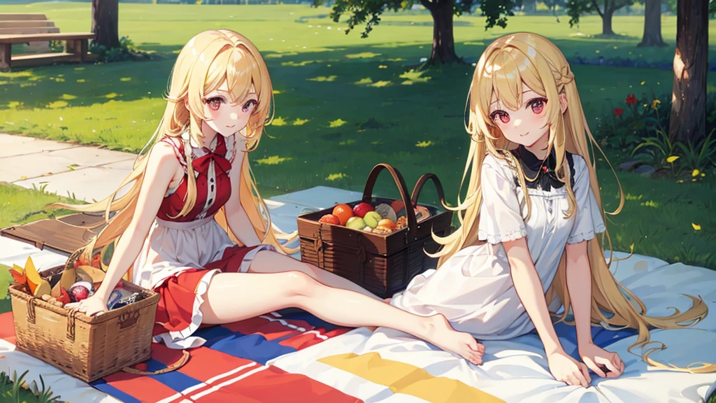 pretty girl, cute, happy, blonde hair, long hair, red eyes, round eyes, summer, picnic, park.