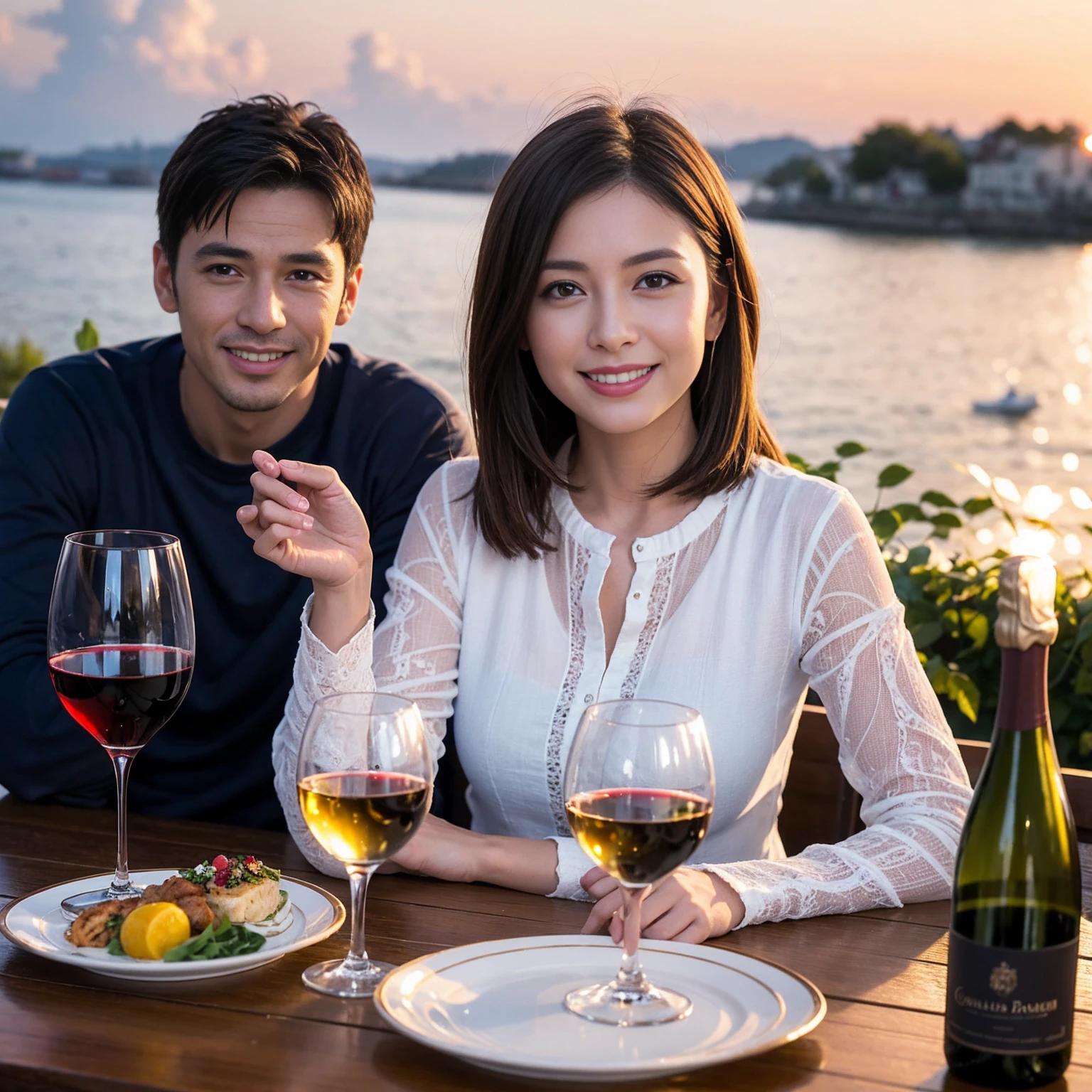 ((Highest quality、8k、masterpiece:1.3))、 (Genuineistic, Genuine、Bright image、Intricate details:1.2), 最高のsmile、1 male、1 female、Beautiful couple、spouse、fiancee、Good friends、actress couple、smile、Full-course dinner at a packed table、 (Slim face), (the body is slim), (Brown Hair), (short hair), テーブルのwine glass、Please shine a light on my face、 Amazing view of the sunset sky and clouds、 (42 years old)40 years old, red wine 、Appetizers、Wine bottle、sparkling wine、Long sleeve shirt、dress、White wine, red wine, wine glass,