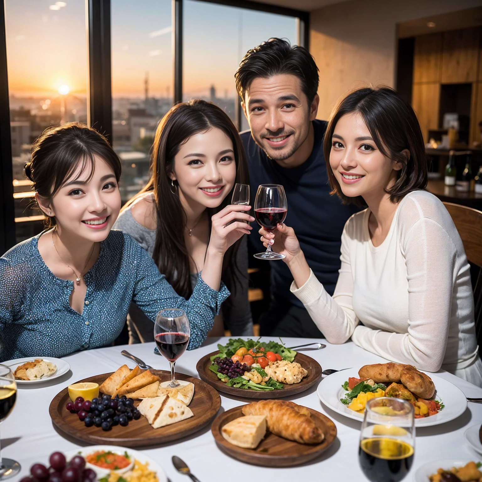 ((Highest quality、8k、masterpiece:1.3))、 (Genuineistic, Genuine、Bright image、Intricate details:1.2), 最高のsmile、1 male、1 female、Beautiful couple、spouse、fiancee、Good friends、actress couple、smile、Full-course dinner at a packed table、 (Slim face), (the body is slim), (Brown Hair), (short hair), テーブルのwine glass、Please shine a light on my face、 Amazing view of the sunset sky and clouds、 (42 years old)40 years old, red wine 、Appetizers、Wine bottle、sparkling wine、Long sleeve shirt、dress、White wine, red wine, wine glass, 
