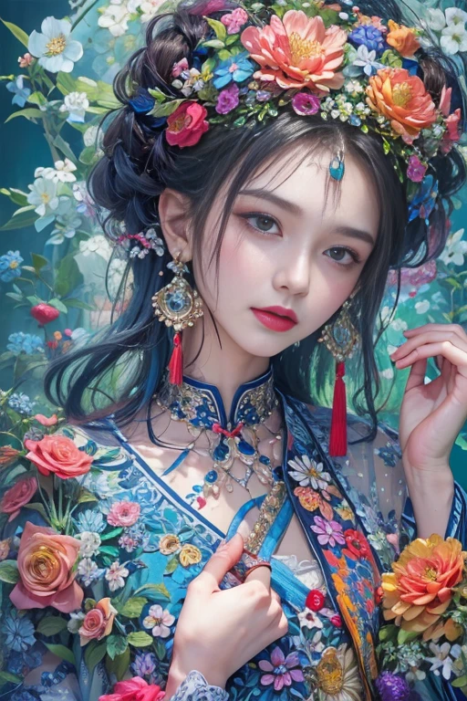 (masterpiece, Top quality, best quality, Official Art, beautiful and aesthetic:1.2), (1 Girl:1.3), Extremely detailed,(Fractal Art:1.1),(rich and colorful:1.1)(Flowers:1.3),The most detailed,(tangled:1.2), (Dynamic poses), (Blue Background:1.3), (Traditional Chinese cloth:1.2), (Glowing skin), (Many colors:1.4), ,(earrings:1.4),