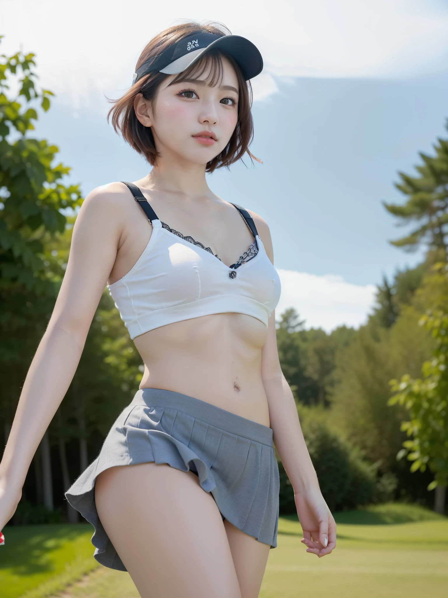 ((Best of the highest quality, 8k, Masterpiece, raw photo: 1.2)), (Sharp focus: 1.2), (1 AESPA, slim body type female, 21 y/o: 1.1), (Solo: 1.28), (realistic, photo-realistic:1.37), face focus, cute face, finely eyes, (droopy eyes: 1.32), (Emphasize prominent aegyo-sal with bright: 1.2), shimmering eyeshadow applied under the lower lash line, paired with thick, (small breasts, flat chest, Thigh: 1.3), (short messy hair: 1.28), (bra top, skirt, sun visor: 1.32), walking Golf course, (skirt is rolled up by the wind, from below: 1.1)